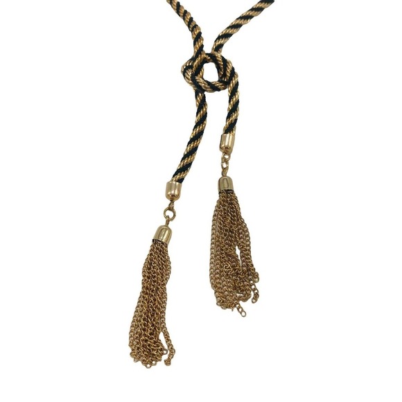 GUESS Knotted Rope Chain Lariat with Tassel Y-Shaped Necklace Gold Black Twist - Picture 4 of 7